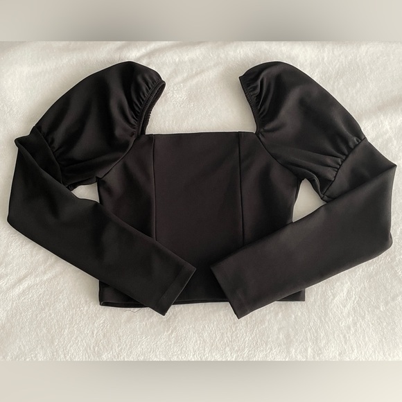 ASOS Design Black Puff Sleeve Long Sleeve Crop Top (Size 0) - Picture 3 of 8